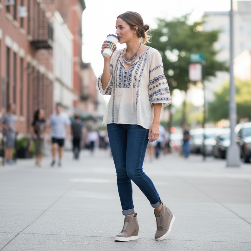 Woman walking on a city street holding a coffee cup
