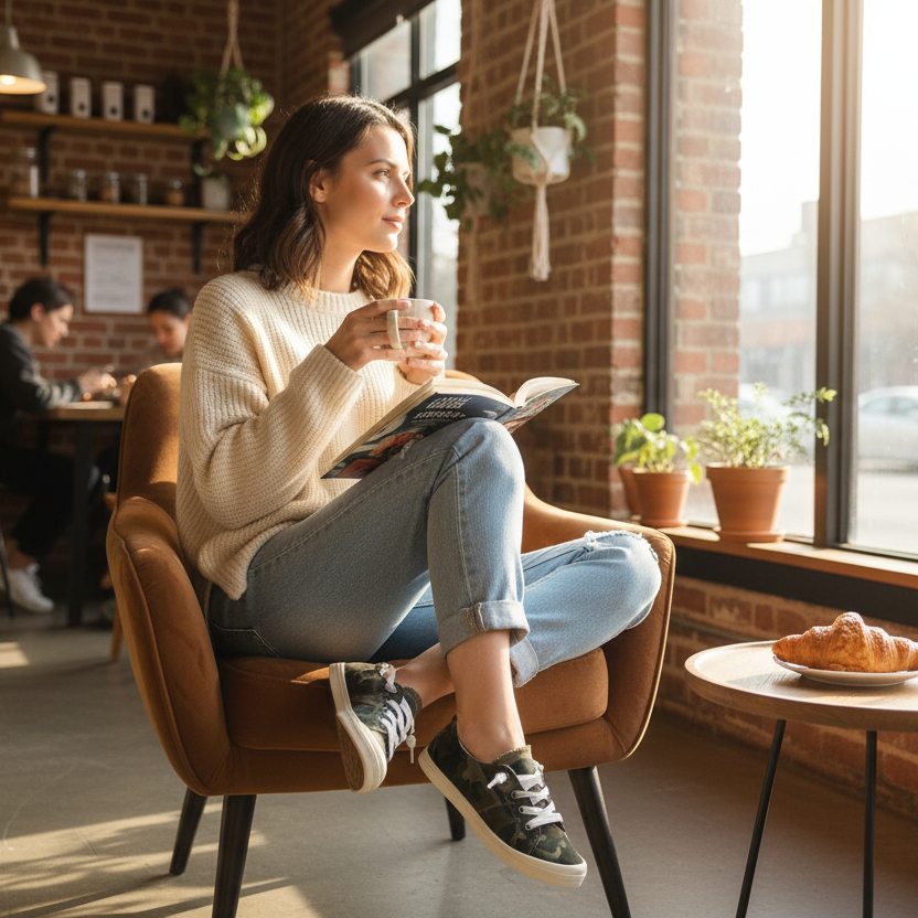 Woman sitting in a cafe, holding a cup, with a plate of pastries on a small table.