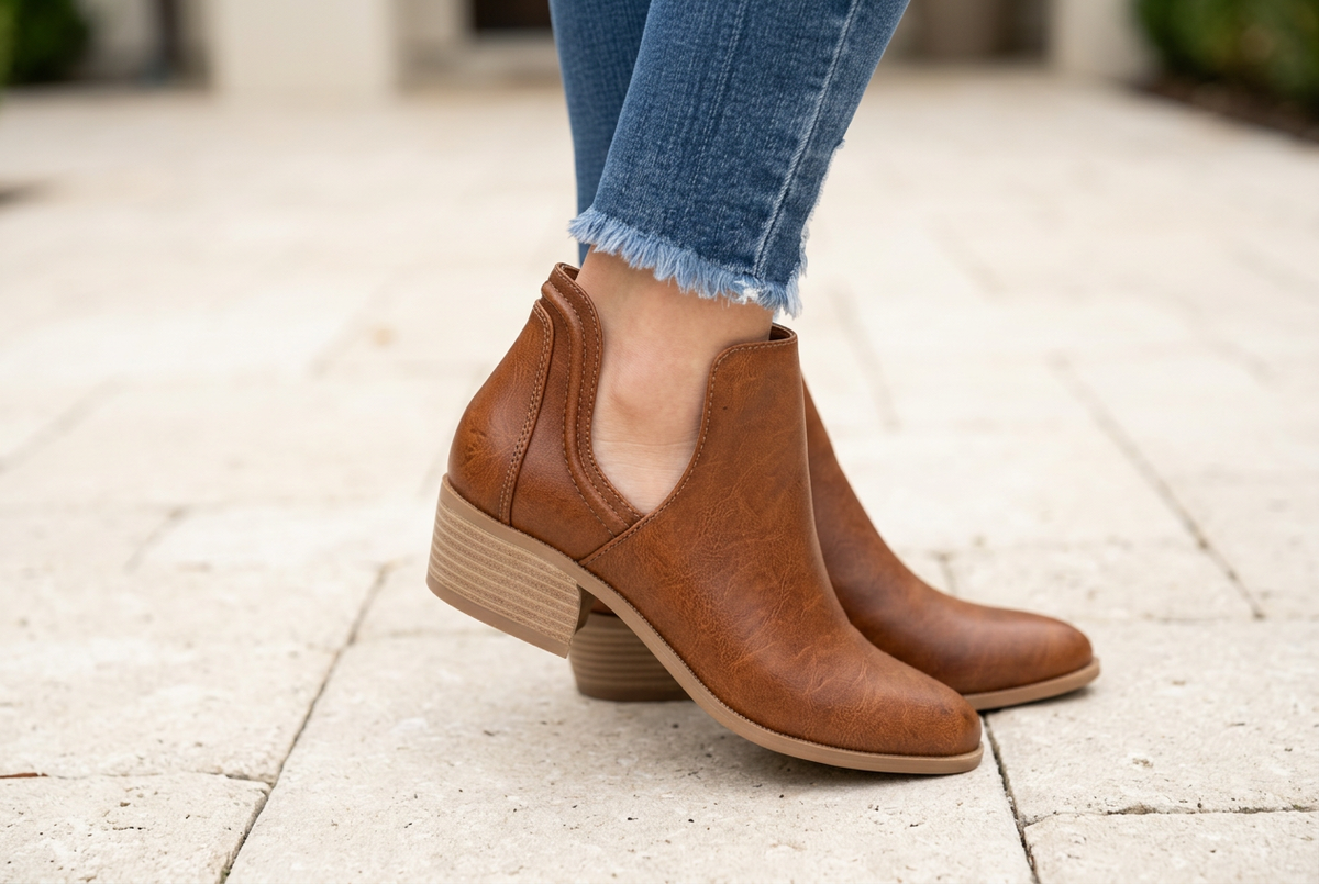 BellanBlue ankle bootie in cognac showing side cutout and low block heel.
