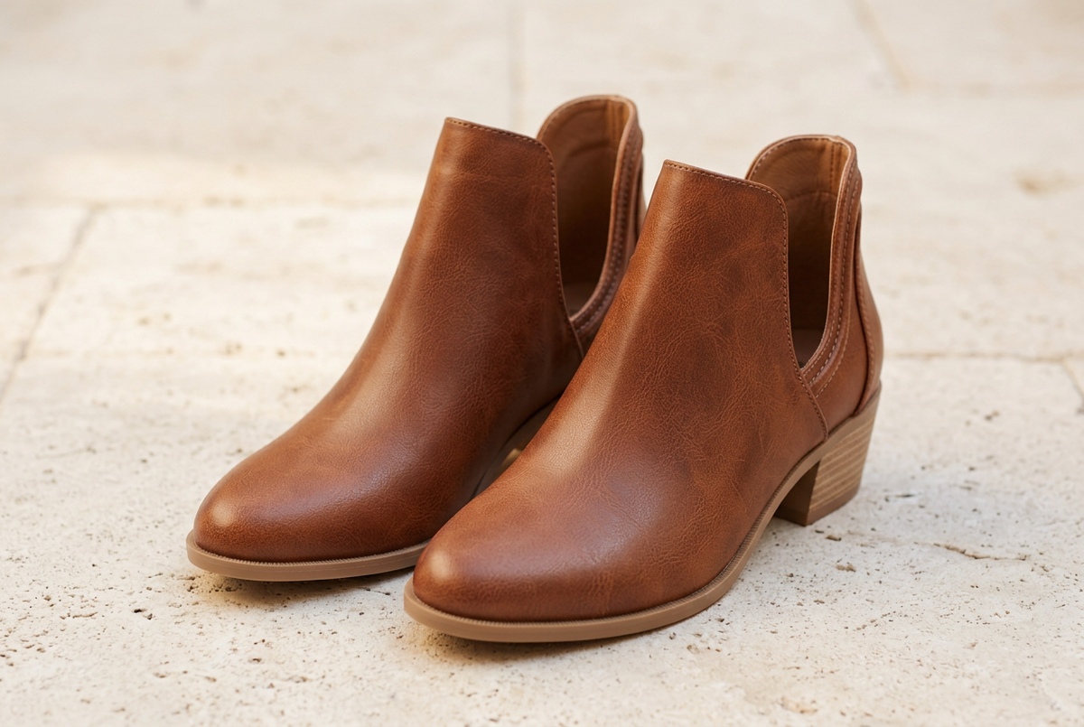 Cognac ankle bootie showing low block heel and side cutout.