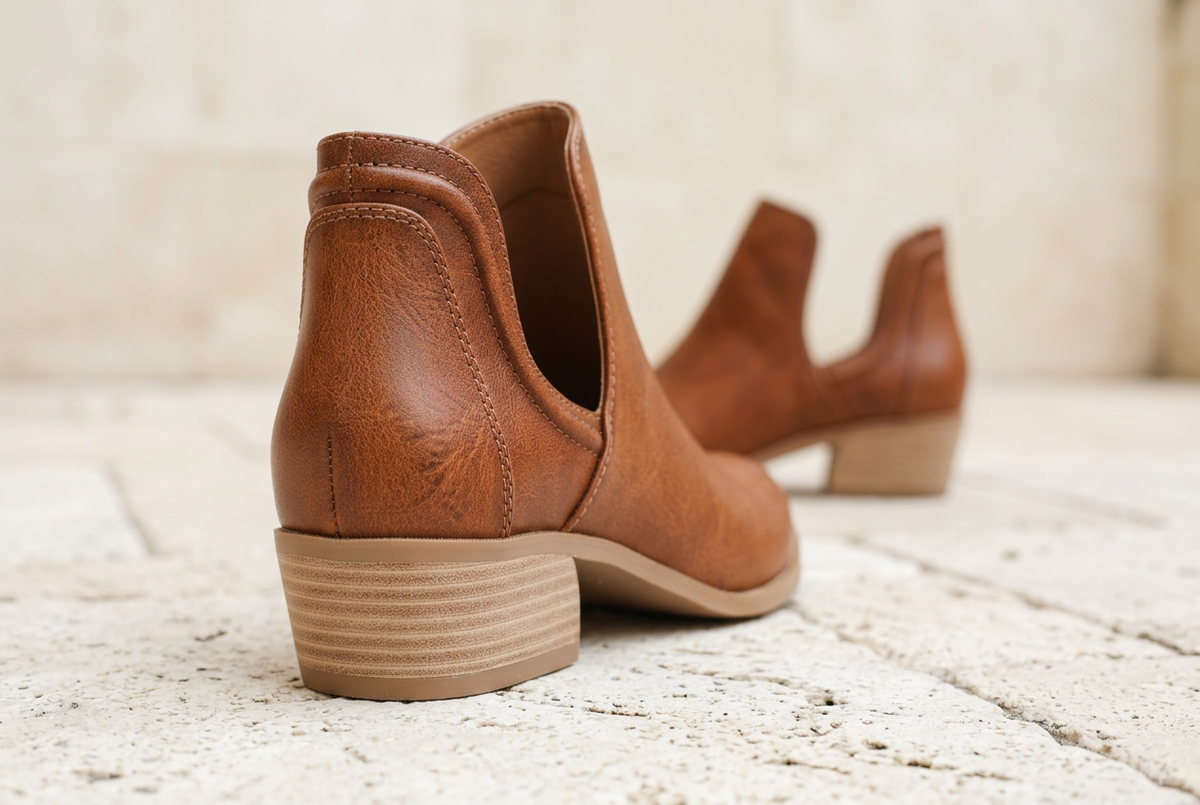 Cognac ankle bootie showing low stacked heel and side cutout.