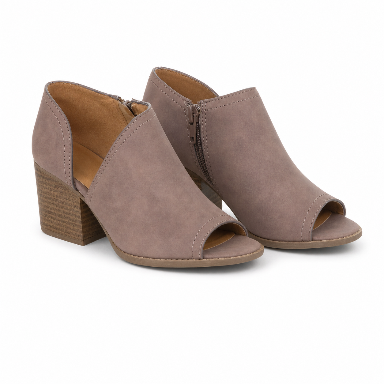 Qupid Nutmeg peep-toe cutout ankle booties, both shoes front three-quarter studio view on white background - BellanBlue
