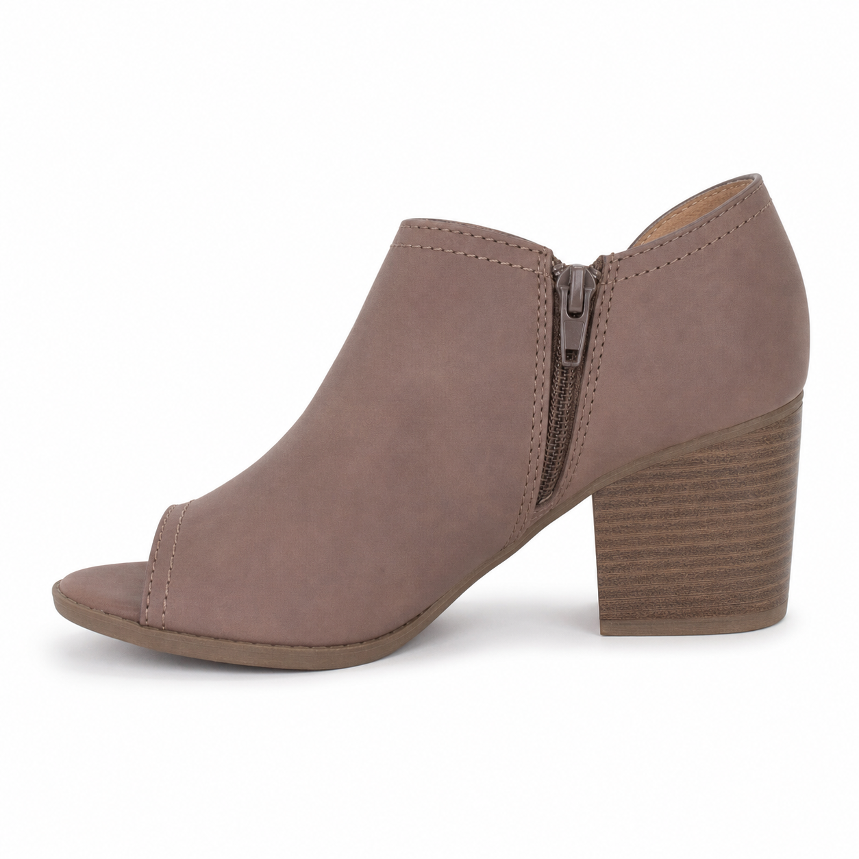 Qupid Nutmeg peep-toe ankle bootie inner side profile showing smooth upper, zipper and stacked block heel
