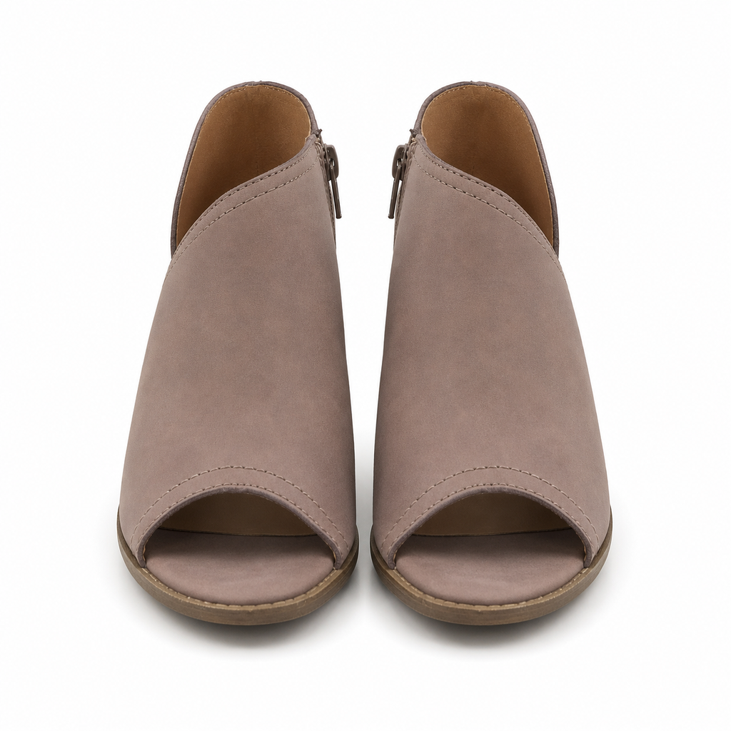 Qupid Nutmeg peep-toe cutout ankle booties straight front view showing open toe and stitching accents, white background
