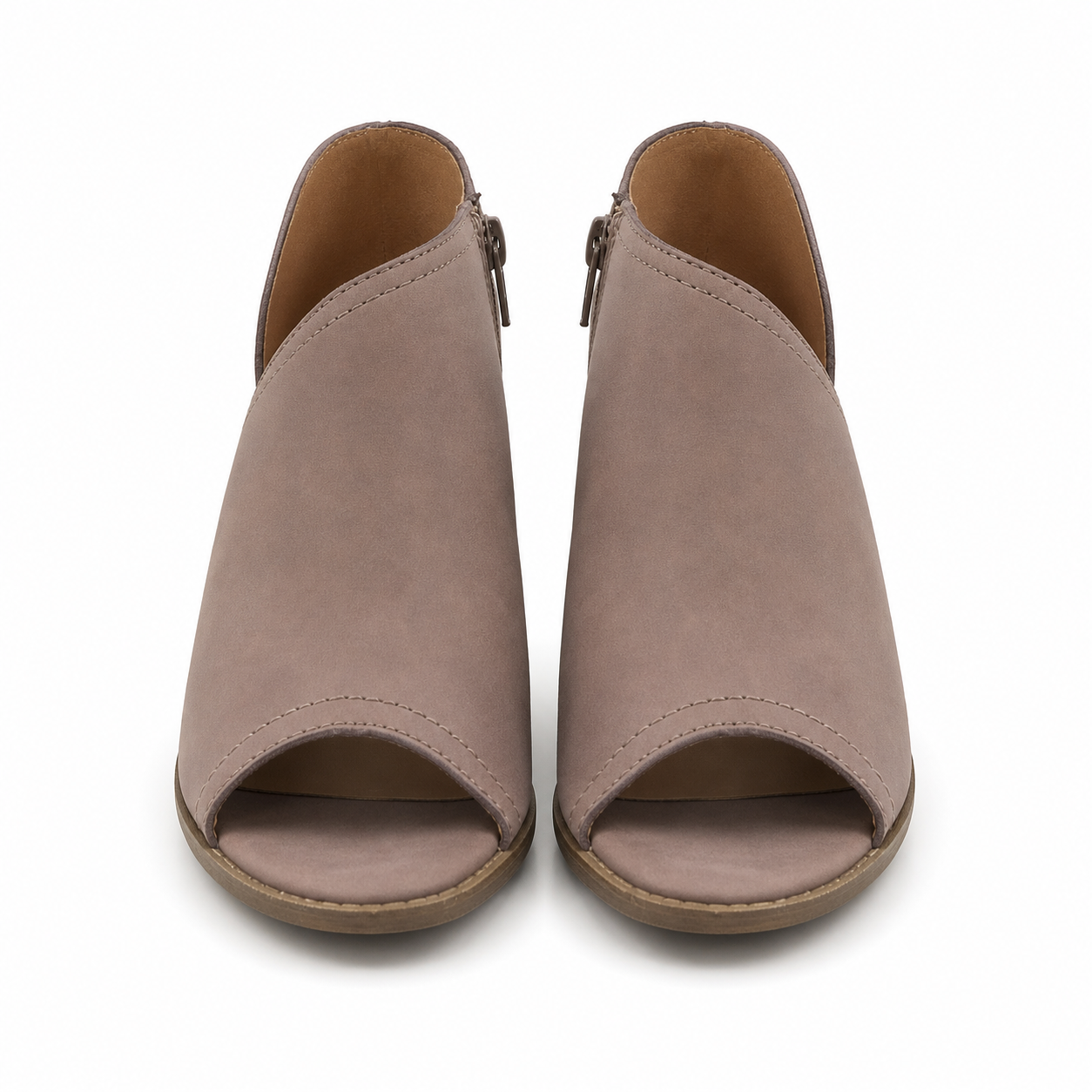 Qupid Nutmeg peep-toe cutout ankle booties straight front view showing open toe and stitching accents, white background
