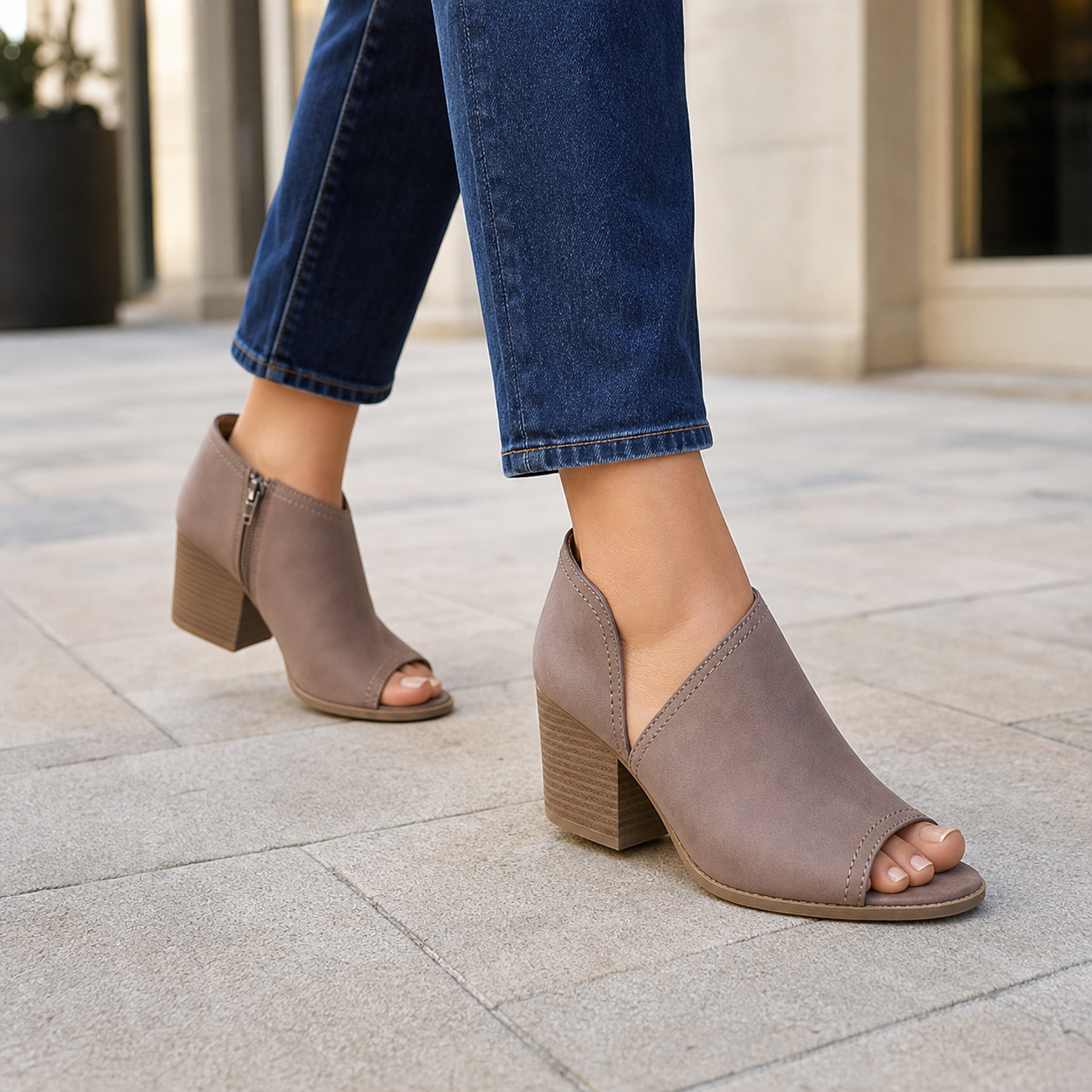 Model walking in cropped jeans wearing Qupid Nutmeg peep-toe cutout ankle booties on a stone walkway
