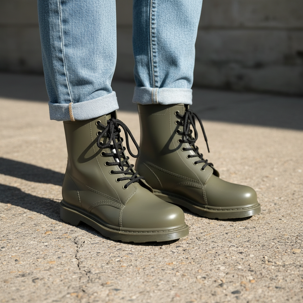 Green boots worn with light blue jeans on a concrete surface.