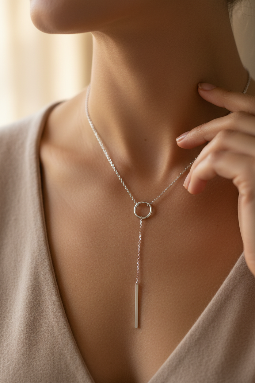 Person wearing a delicate silver necklace with a vertical bar pendant.