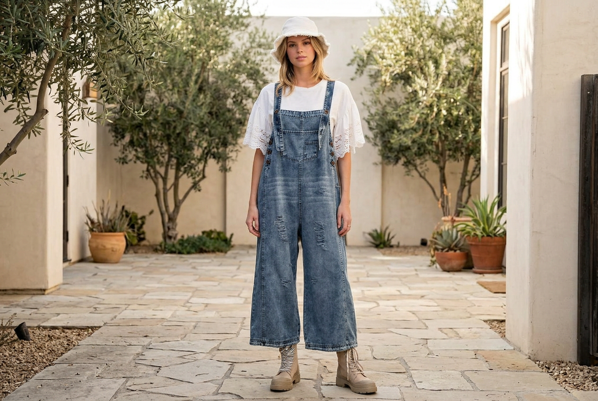 Woman wearing vintage-style distressed denim wide-leg overalls over a white short-sleeved top with lace detailing, a white bucket hat, and light brown boots in a sunlit stucco courtyard.
