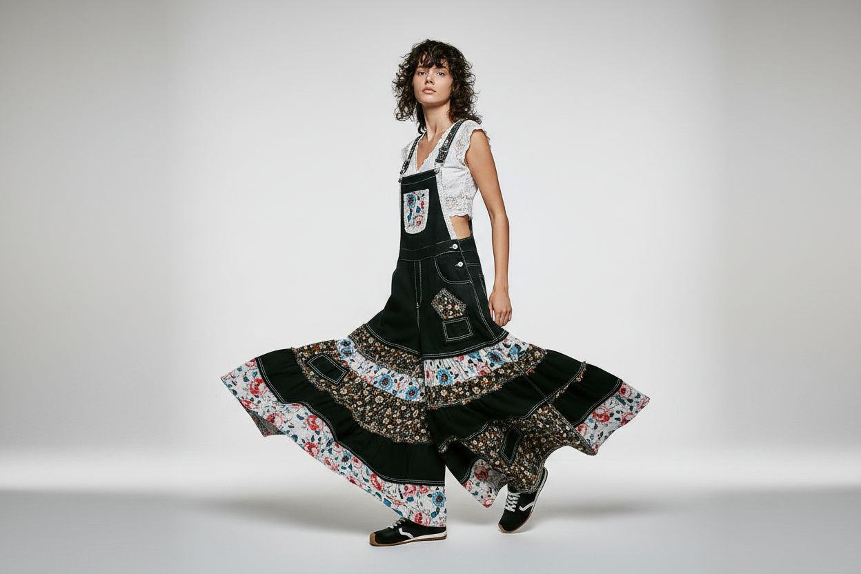 POL Patchwork Tiered Wide-Leg Overalls in Black — relaxed wide-leg silhouette in motion, flattering fit on model
