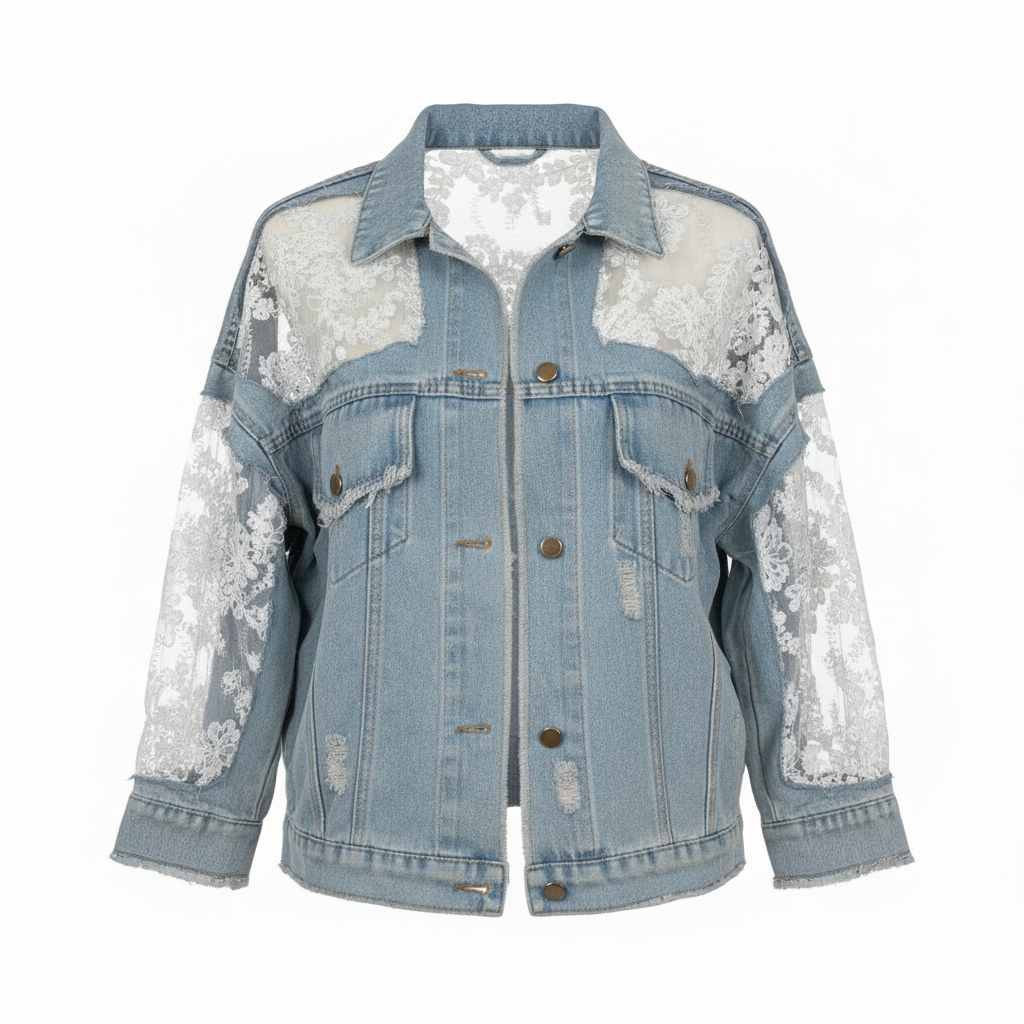 Denim jacket with lace sleeves and front on a white background