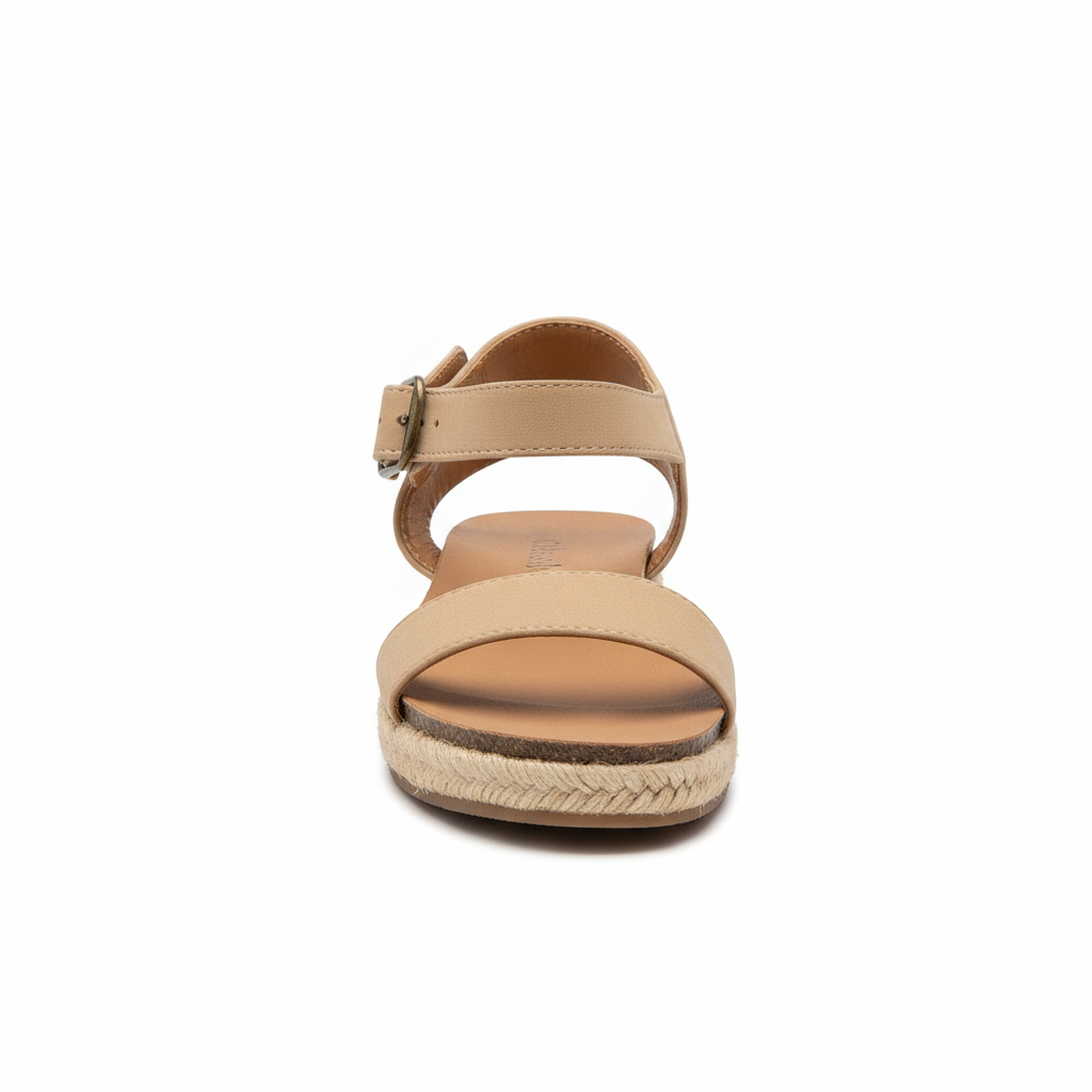 Front view of beige espadrille sandal on white background