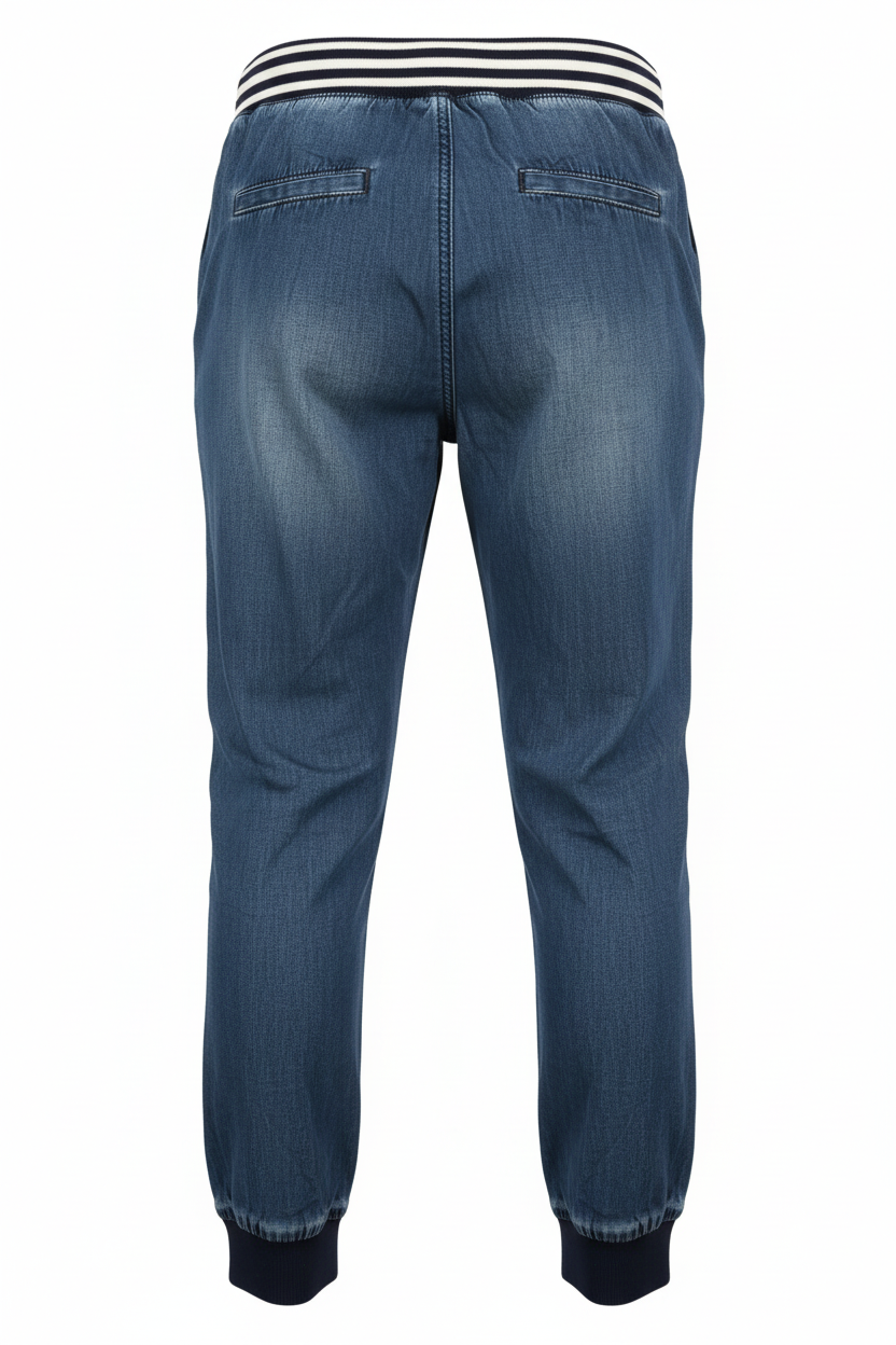 Blue jeans with a striped band on the waistband against a white background