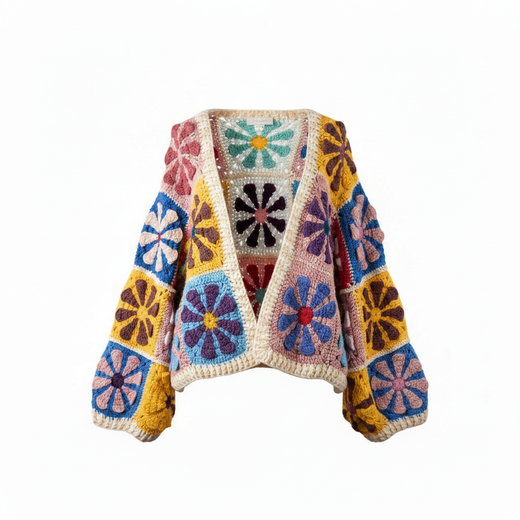 Women's multiple colors crochet cardigan with white daisy floral motifs oversized balloon sleeves open front - BellanBlue