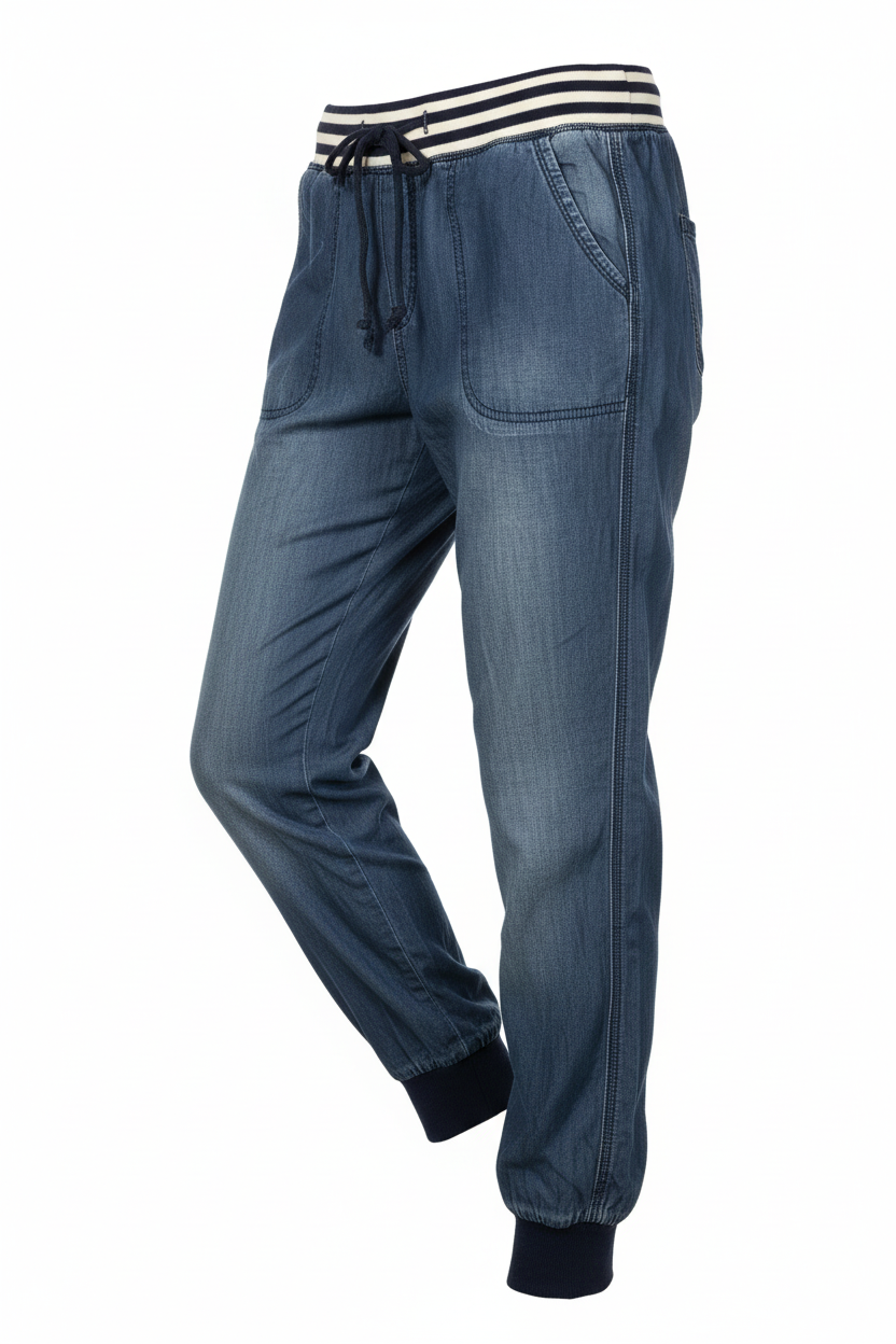 Blue jeans with a striped waistband on a white background