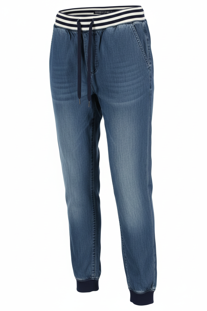 Blue jeans with a striped waistband on a white background