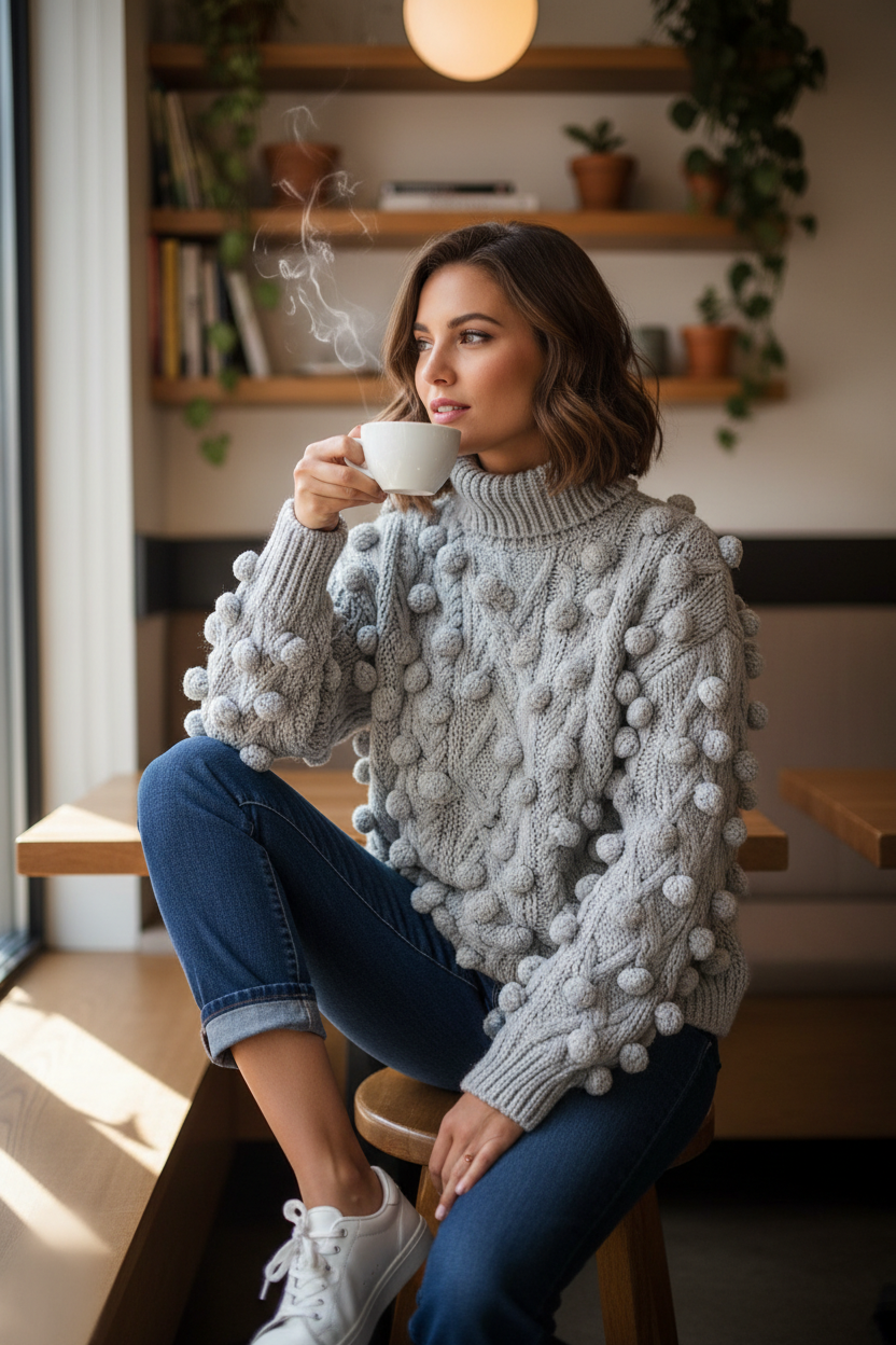 Grey sweater - coffee shop with full bobble texture