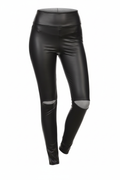 Black leather leggings with cut-out design on a white background