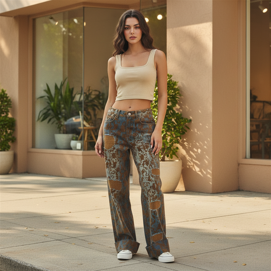 Oli & Hali brown denim burnout wide-leg pants styled on boutique sidewalk, standing pose with crop tank and sneakers
