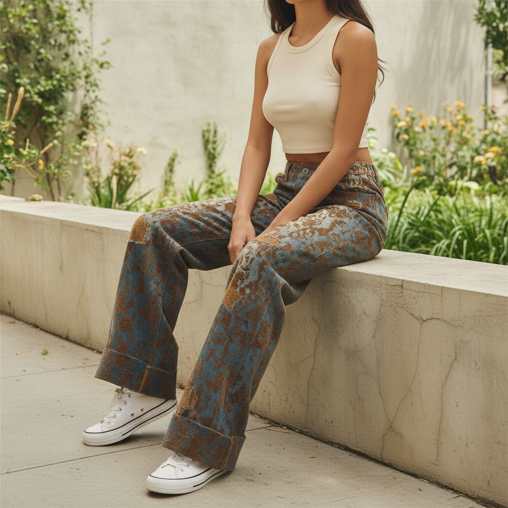 Oli & Hali burnout patch wide-leg pants on model seated at garden patio, full-length view showing drape and cuffed hem
