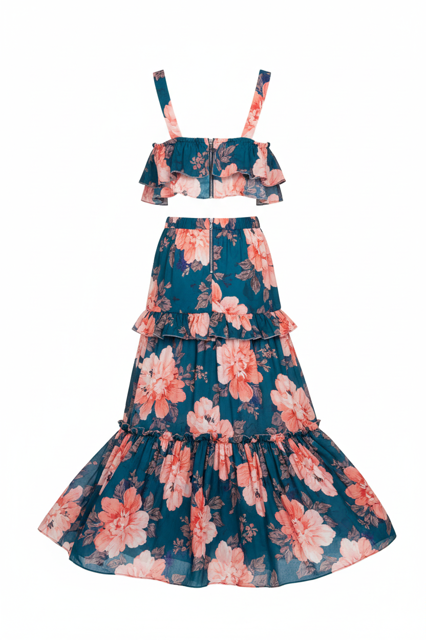 Floral two-piece outfit with top and skirt on a white background