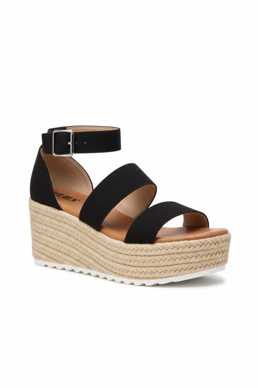 Black wedge sandal with espadrille sole on a white background