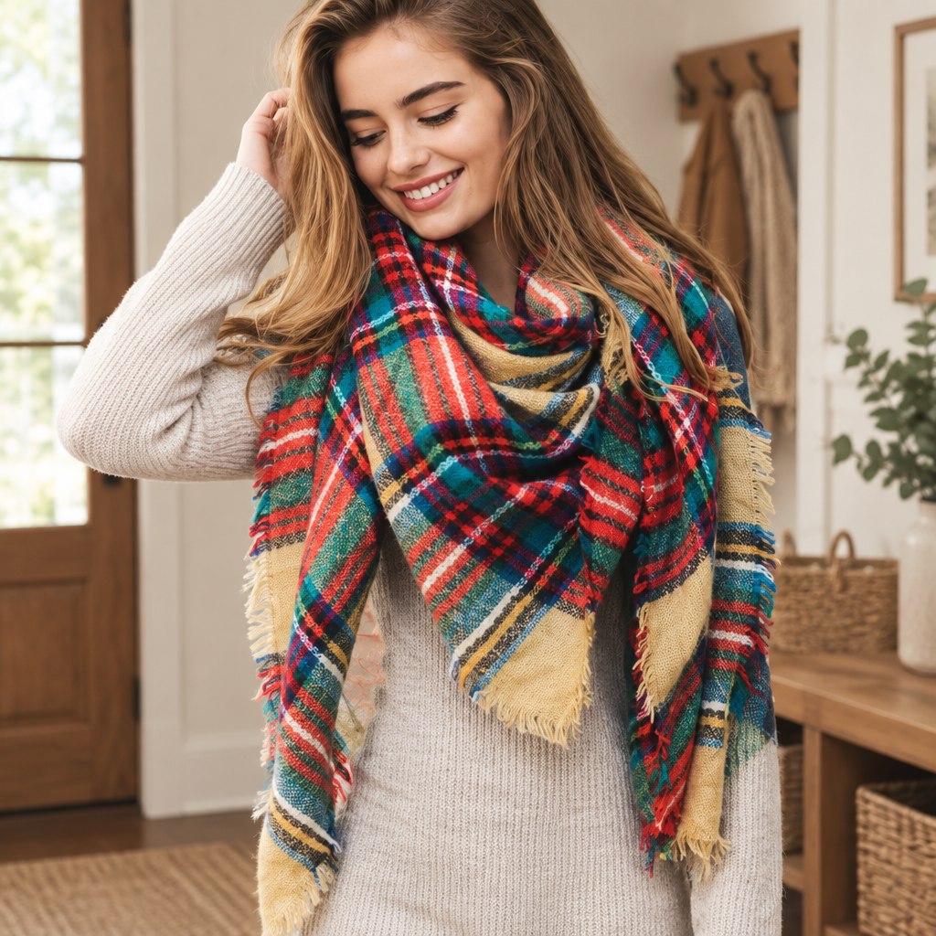 Leto Collection women's plaid blanket scarf close-up in a cozy home entryway