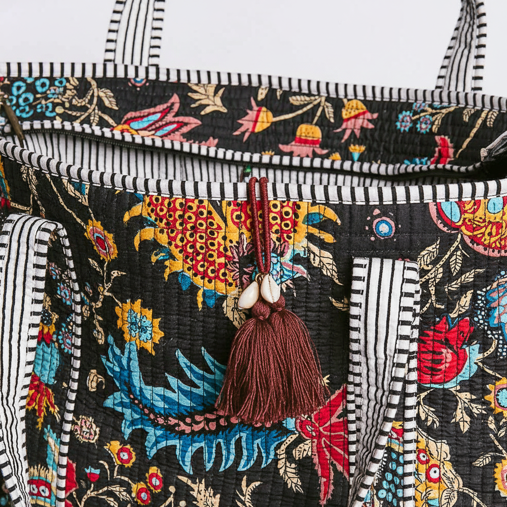 Women's quilted printed tote bag macro detail of stitching, print texture, and hardware quality