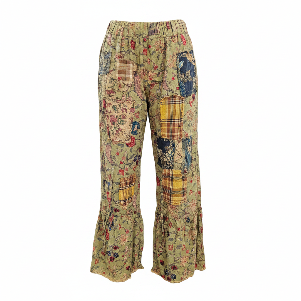 Women's patchwork plaid floral reversible wide-leg pants hand-stitched vintage cotton relaxed fit