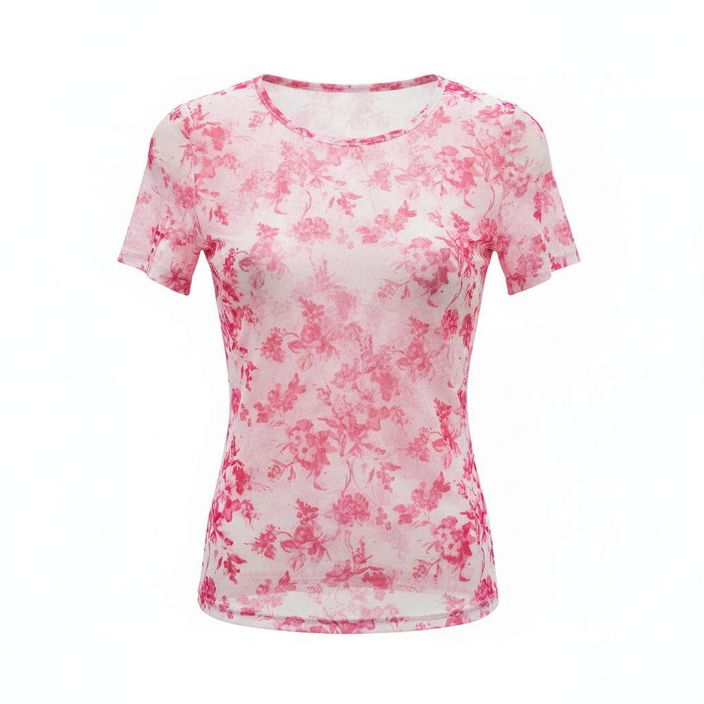 White t-shirt with pink floral pattern on a white background