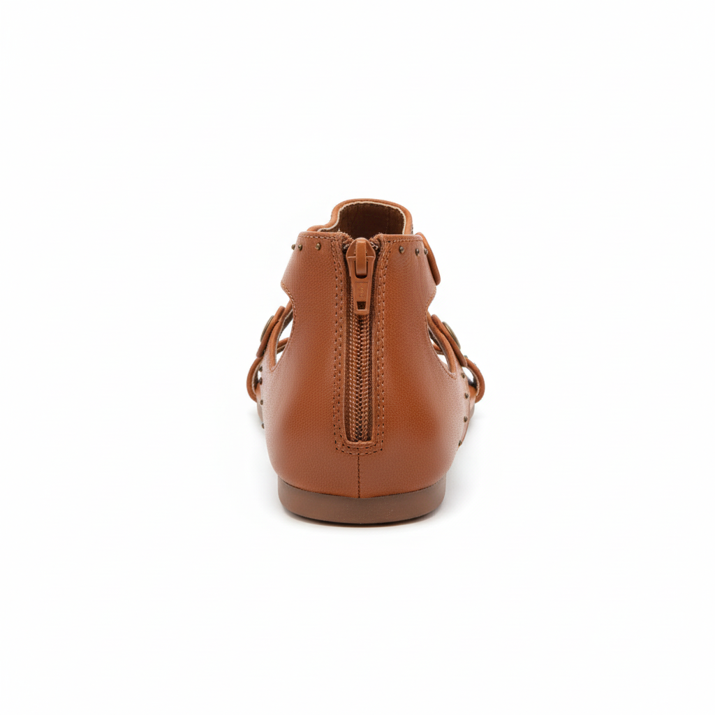 Back view of women's tan leather sandals with zipper closure and heel counter detail