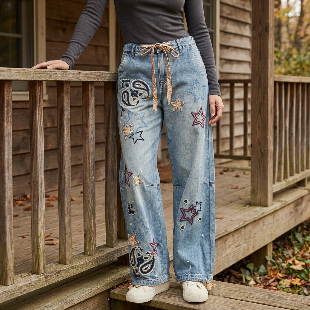 Roomy blue embroidered jeans paired with a charcoal top and white sneakers on a wooden porch