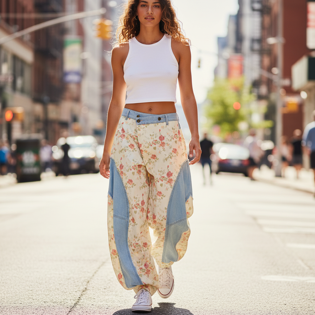 Floral rose and denim patchwork barrel pants styled with white crop top on sunny city street