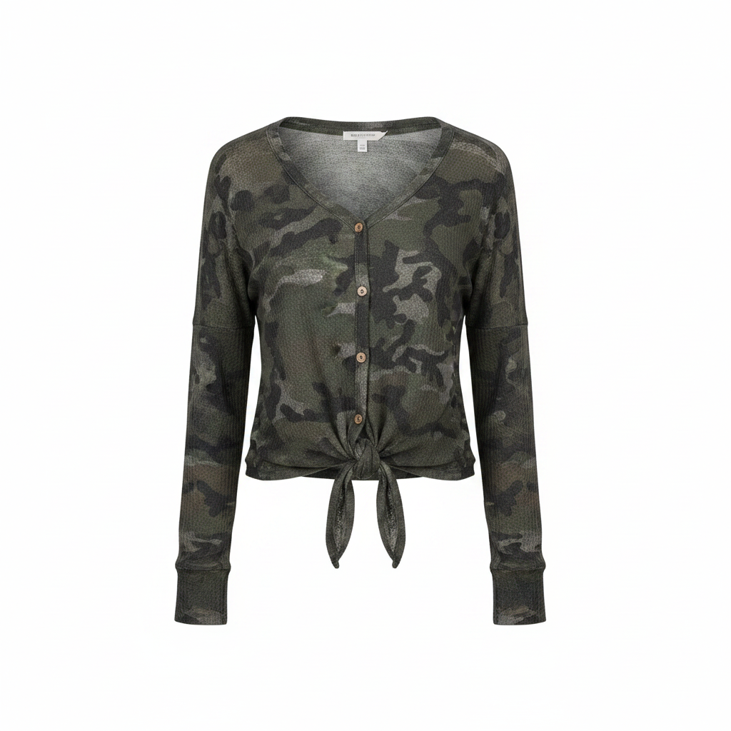 Women's dark olive camo print button-front top with front tie hem, long sleeves, floating front view - BellanBlue