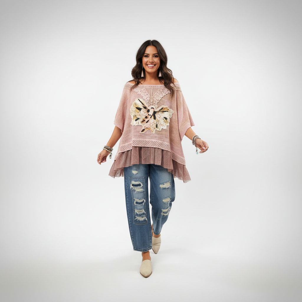 Women's blush pink knit poncho throwover with butterfly applique, ruffled hem, relaxed boho fit in motion
