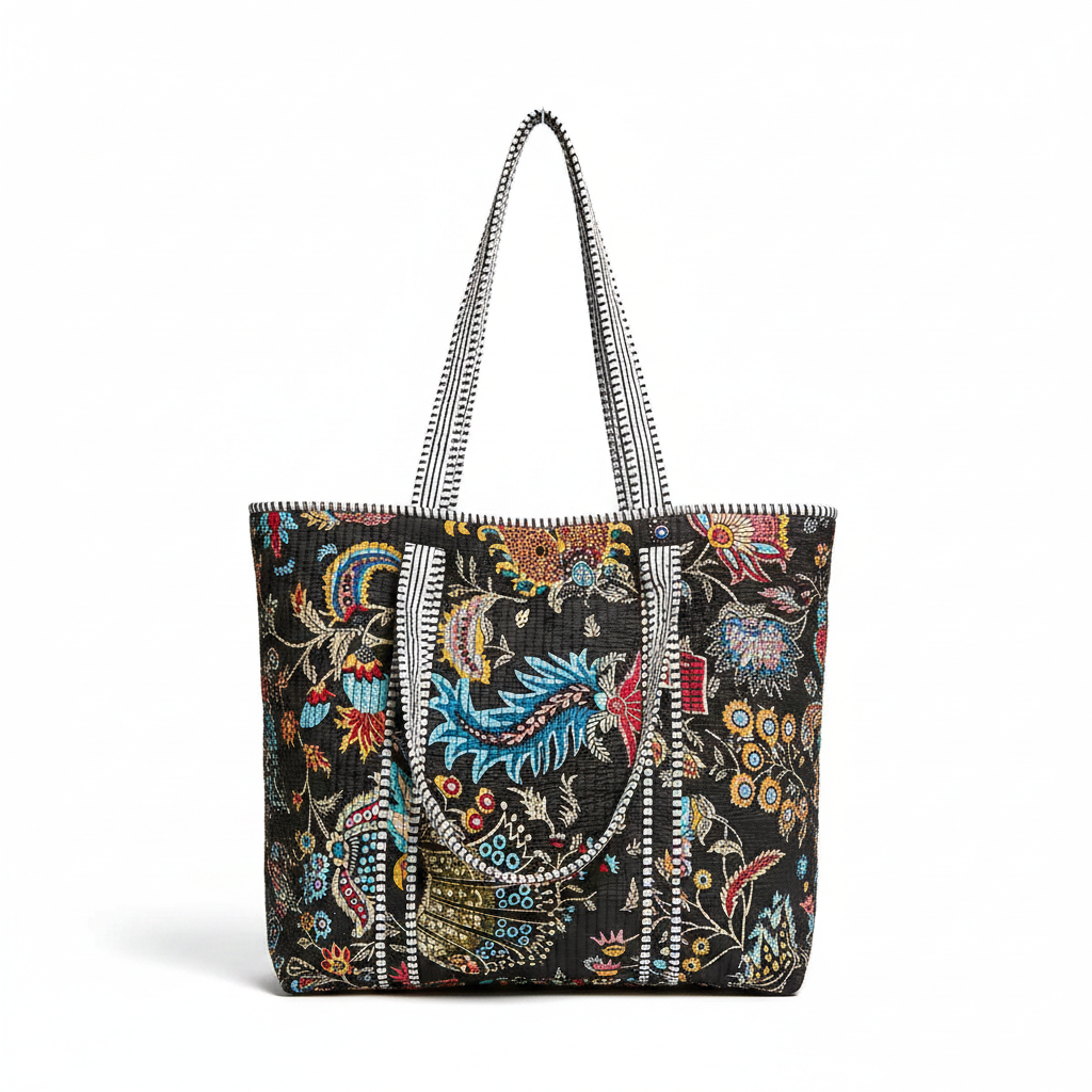 Women's multicolor quilted printed everyday tote bag, studio hero 3/4 angle, white background