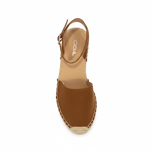 Brown suede espadrille wedge sandal - top view showing open-toe design and ankle strap buckle