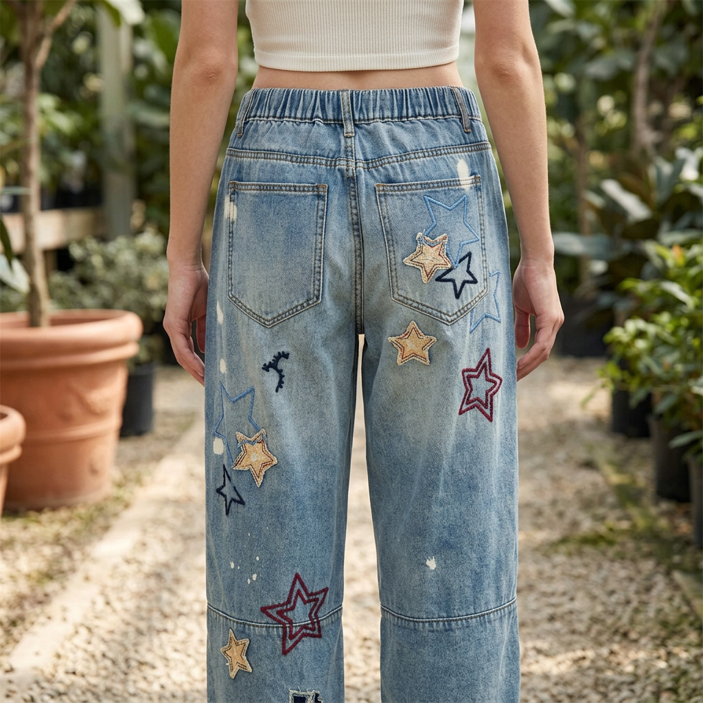 Back detail of blue jeans showing gathered waistband, patch pockets and star embroidery on a nursery path