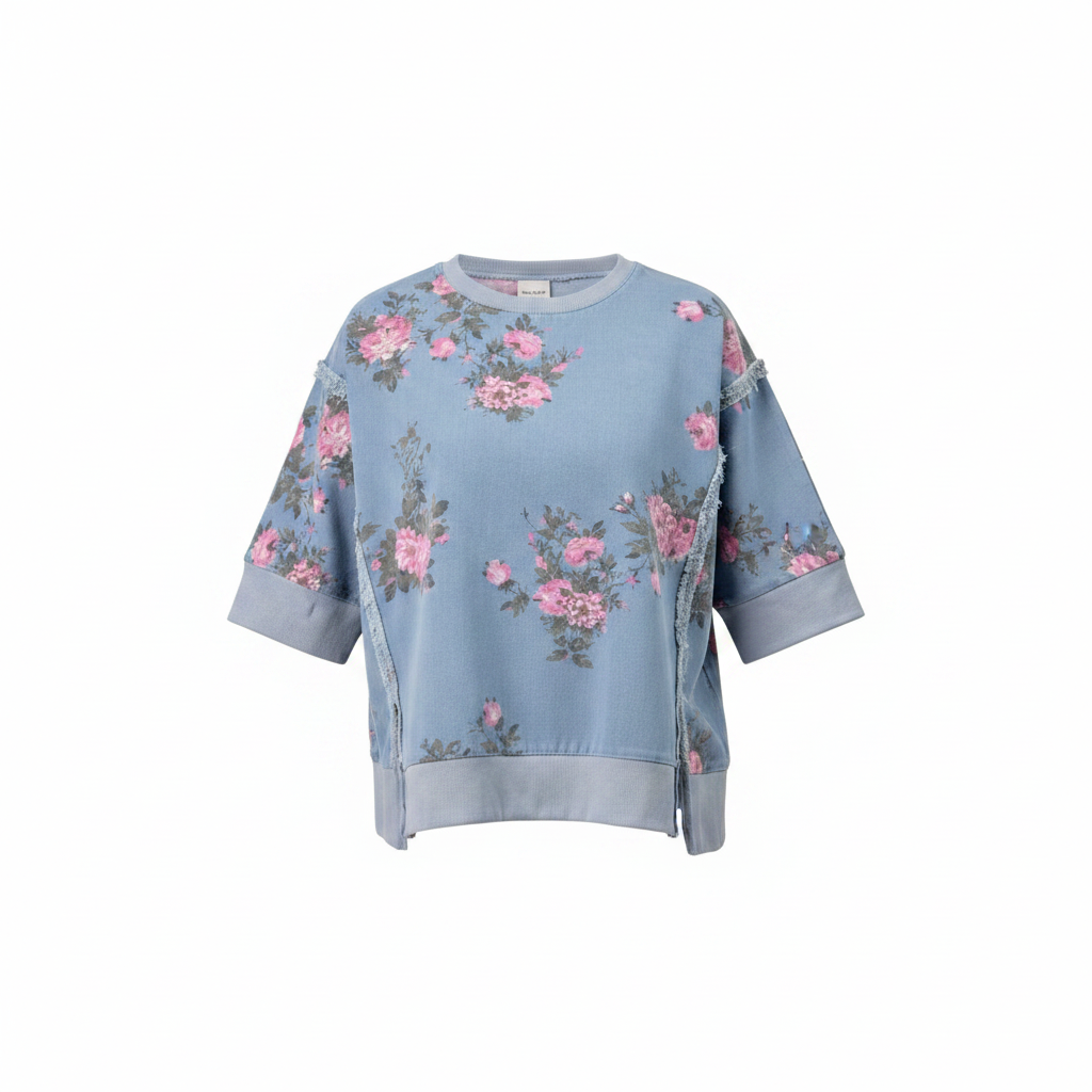 Women's blue floral sweatshirt top front, ghost mannequin, pink rose print, raw seam trim, crew neck, boxy fit