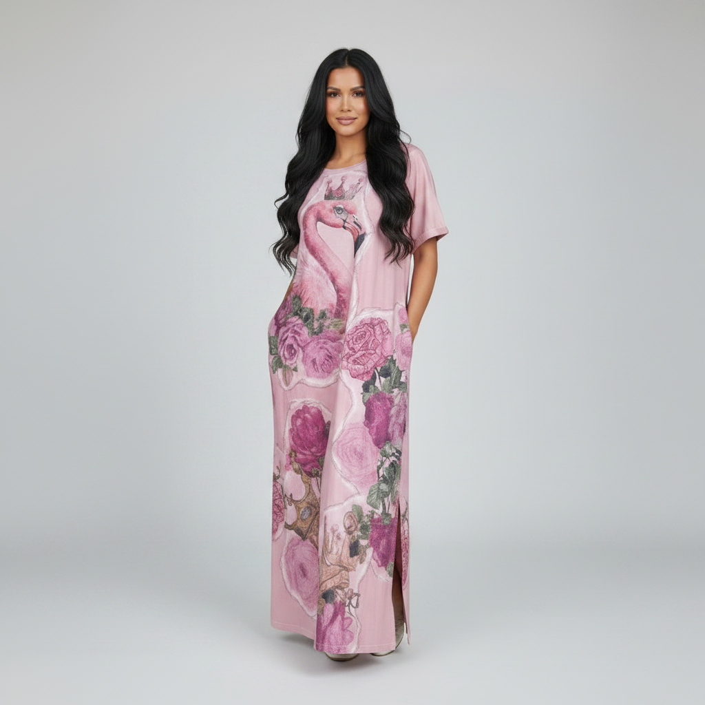 Women's blush pink flamingo floral print maxi dress side slit caftan relaxed fit studio shot