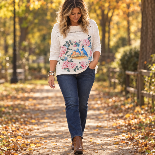 A Rare Bird Shop women's ivory three-quarter-sleeve Tweetheart tee styled with dark jeans on a park path