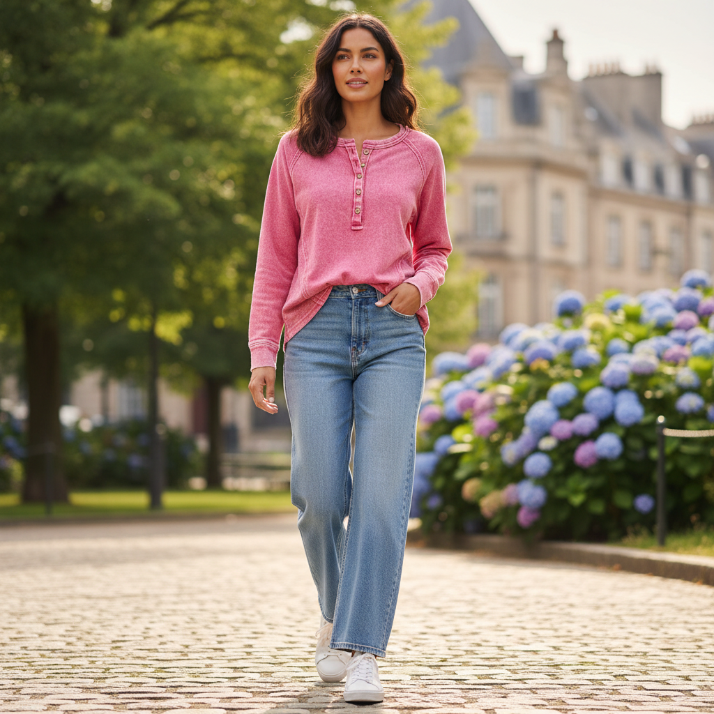 Women's fuchsia acid wash French terry henley raglan top styled with wide leg jeans casual weekend outfit