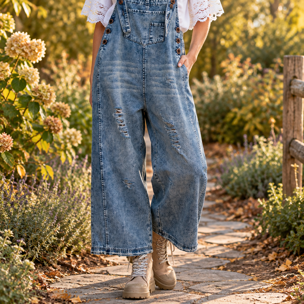Easel Clothing vintage denim overalls showing distressed wide legs on a garden path