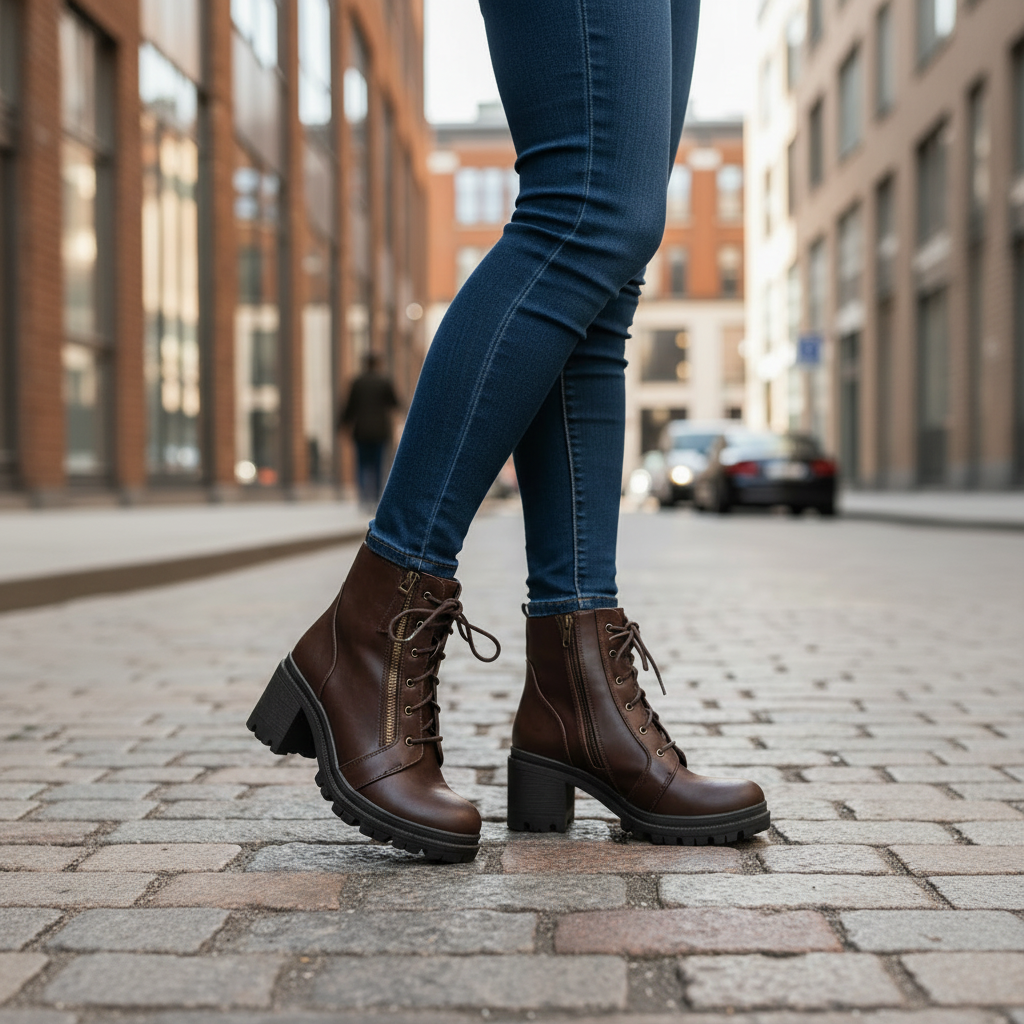 Woman wearing brown combat ankle boots with jeans - lifestyle styling inspiration