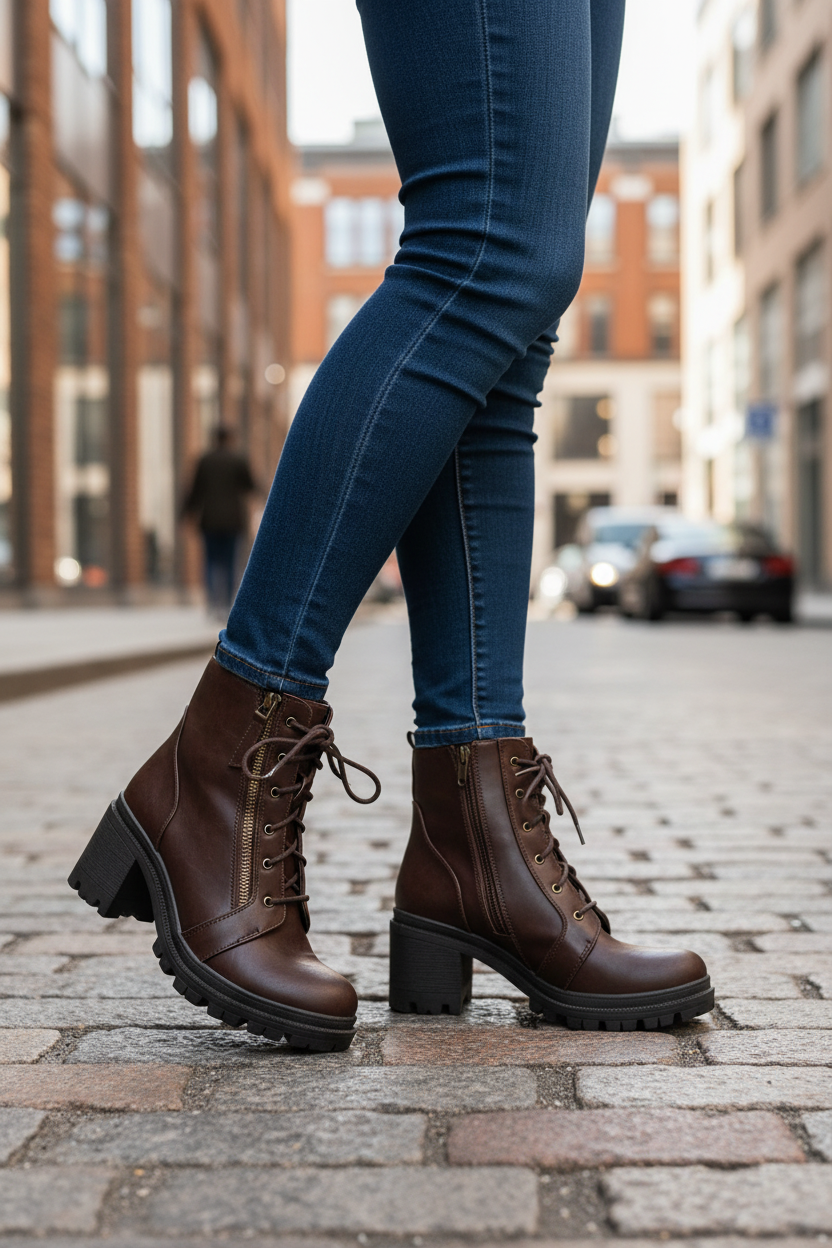 Woman wearing brown combat ankle boots with jeans - lifestyle styling inspiration