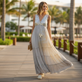 POL Clothing women's light grey tie-dye maxi dress with silver lurex tiers, walking resort boardwalk