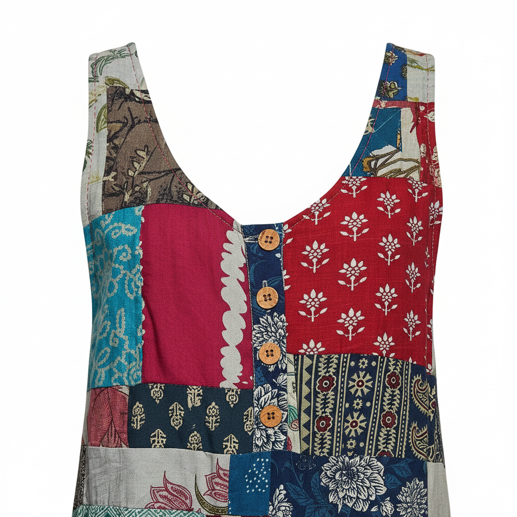 Women's patchwork jumpsuit fabric texture close-up embroidery boho design detail