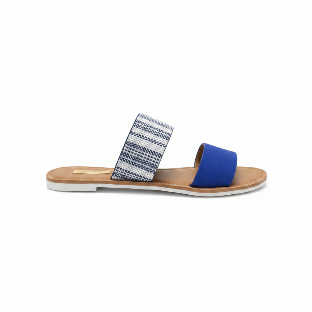Qupid ATHENA-1076AXX cobalt blue slide sandal outer side profile, woven navy-white ankle band and white sole