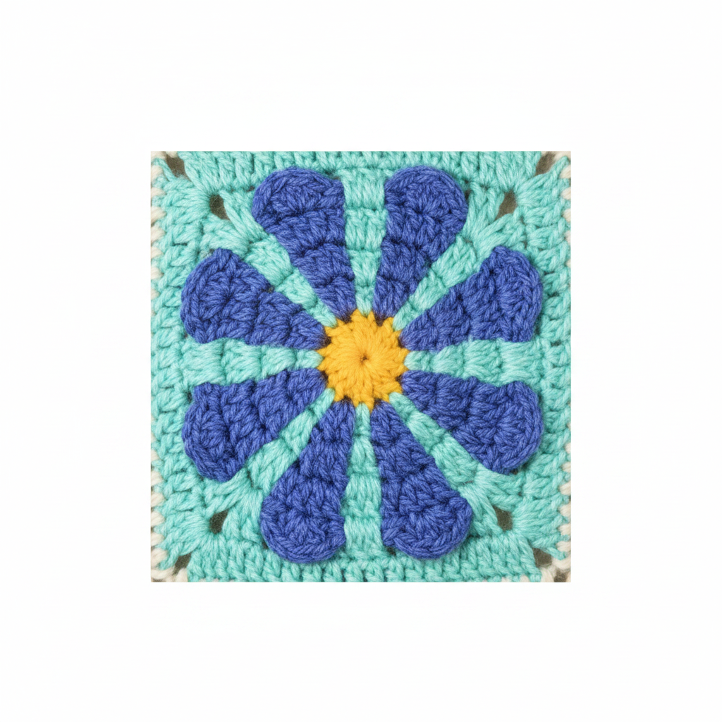 Close-up of colorful flower granny square crochet fabric daisy motif petals cream joining borders