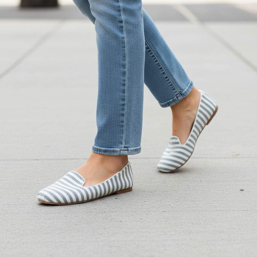 Grey and white stripe slip-on flats worn while walking on concrete pavement with straight-leg denim